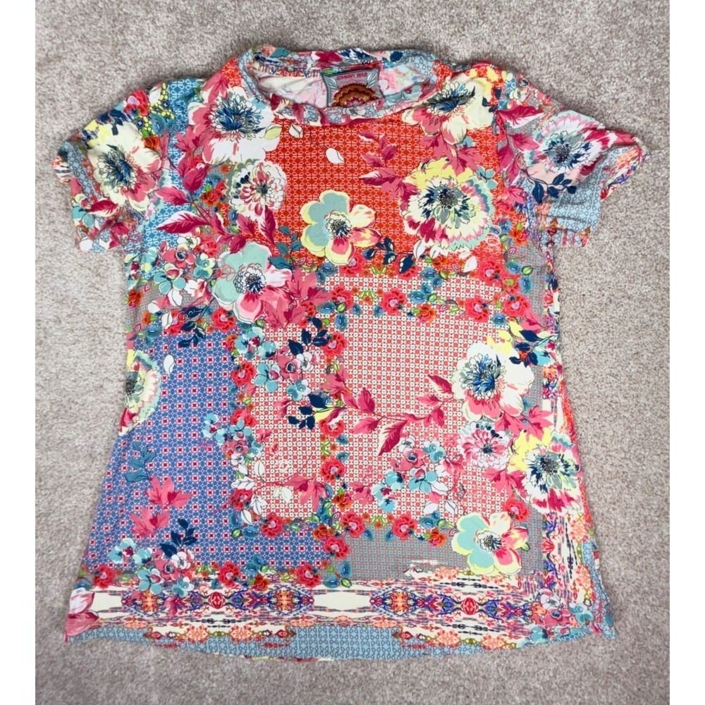 Johnny Was Los Angeles Bamboo Floral Patchwork Tee J17021-4 Multicolor Womens XS